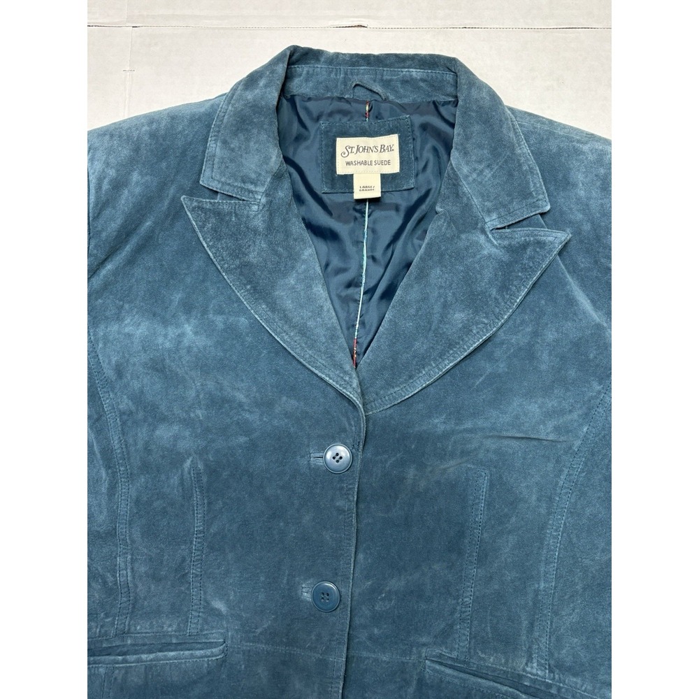 Vintage St Johns Bay Suede Jacket Womens L Blue Teal Blazer Button Front Coat - Picture 3 of 10